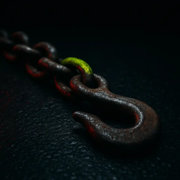 Rusted tow chain on wet asphalt with a cold red glow
